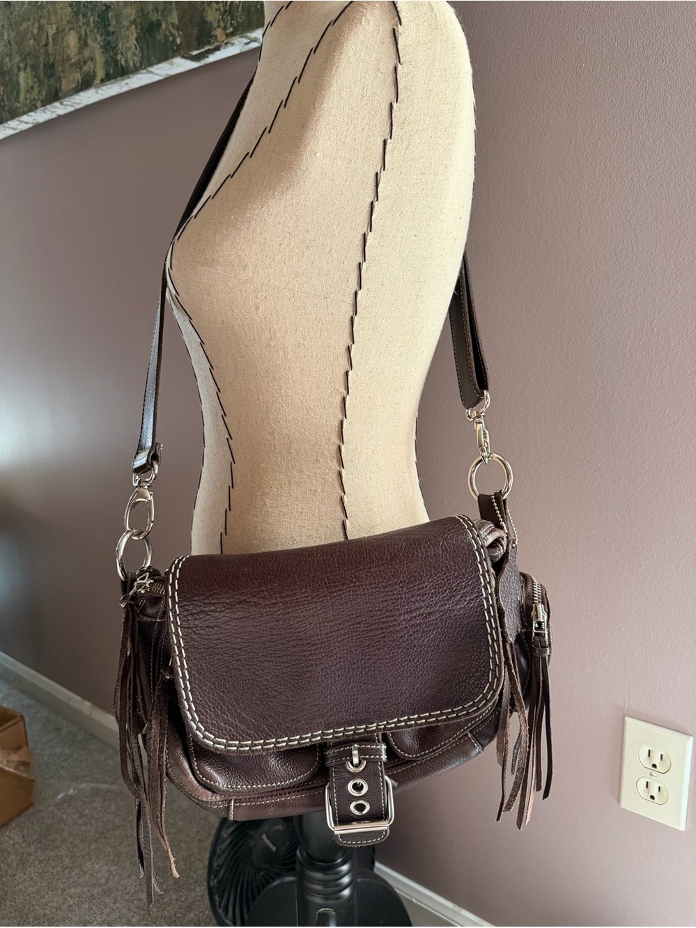 Roots Dark Brown Leather Fringe Crossbody Bag